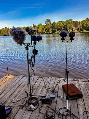 Multi-microphone lake ambiance recording rig — horror short film location, Quebec