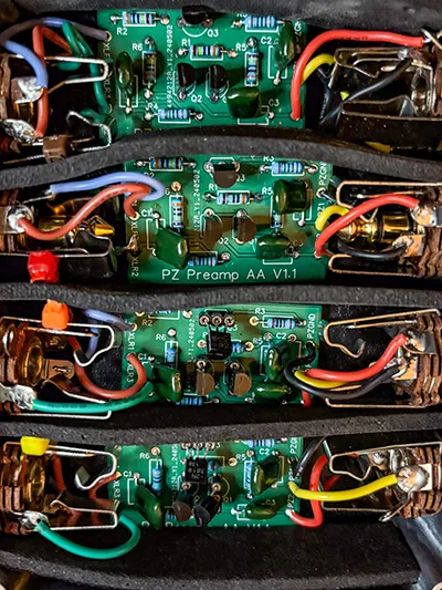 Circuits de préampli PZ sur mesure pour hydrophones — quatre canaux, fabrication artisanale
